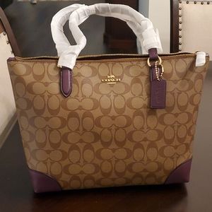 Coach Signature Zip Tote: Color: Khaki/Blackberry